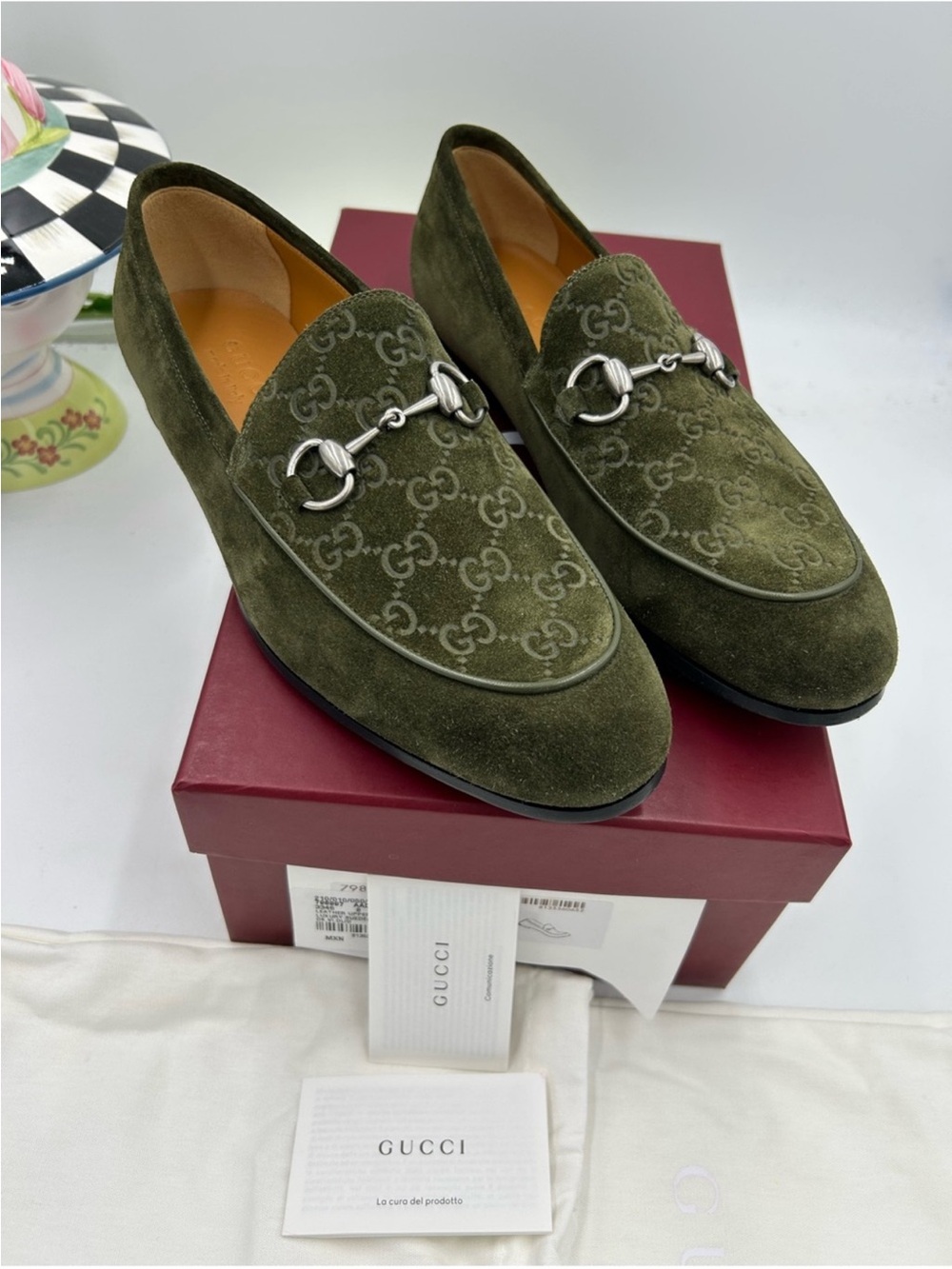 Mens Gucci Hotsebit GG Green Suede Monogram Horsebit Loafers. Size 8
